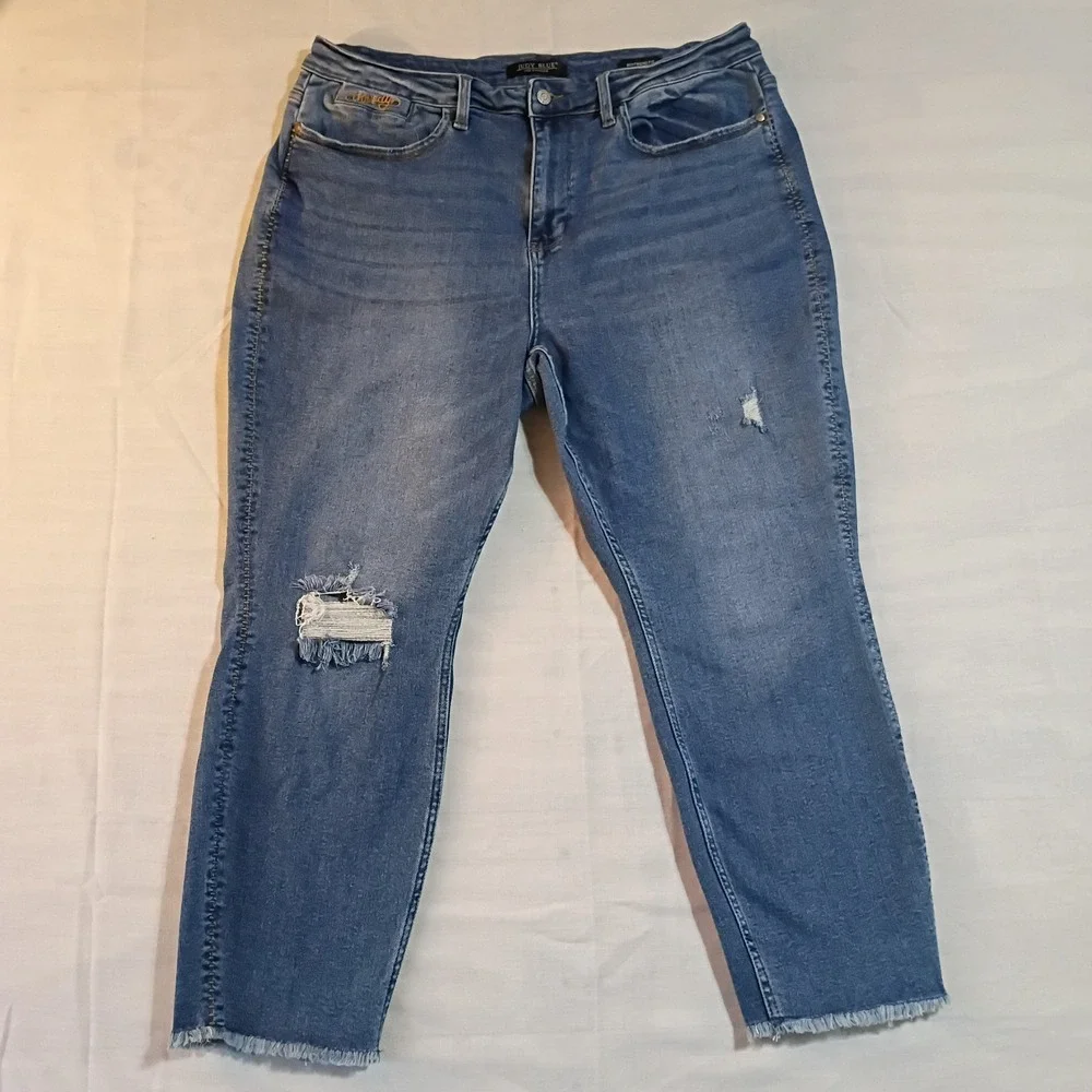 Judy Blue High Rise Boyfriend Fit Jeans Women's 20w Blue Stretch Denim Raw Hem